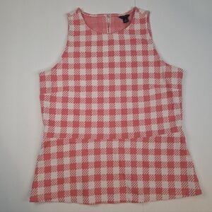 Ann Taylor Pink & White Checkered Subtle Peplum Top Keyhole Back Medium